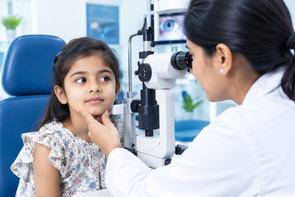 Squint treatment and eye examination of a child by an ophthalmologist