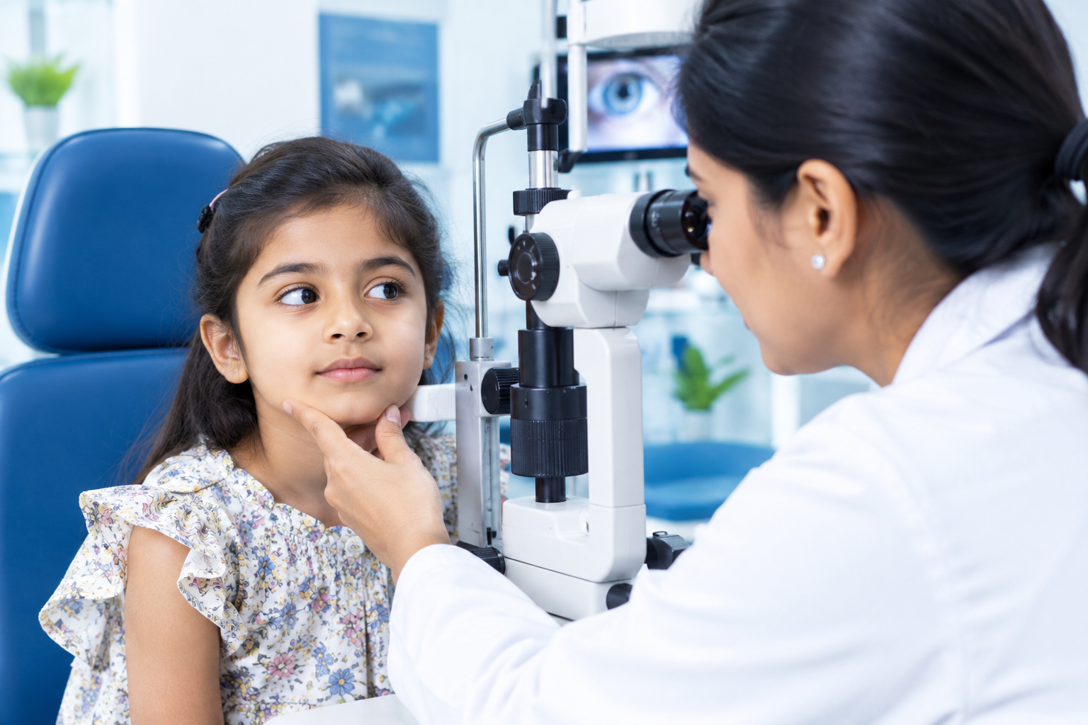 Squint treatment and eye examination of a child by an ophthalmologist
