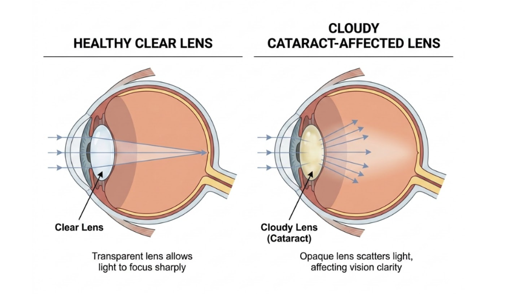 What Is Cataract? Symptoms, Causes, Treatment & Prevention Illustration showing a cloudy natural eye lens affected by cataract.