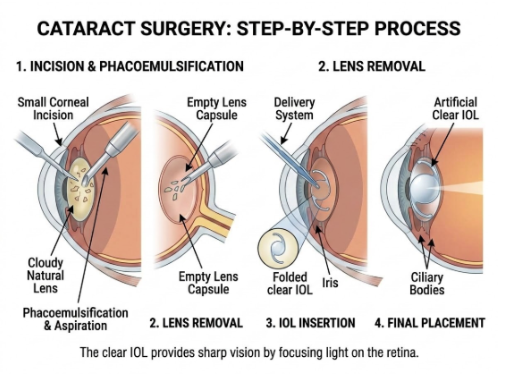 What Is Cataract? Symptoms, Causes, Treatment & Prevention “Cataract treatment showing removal of cloudy lens and placement of an artificial intraocular lens”