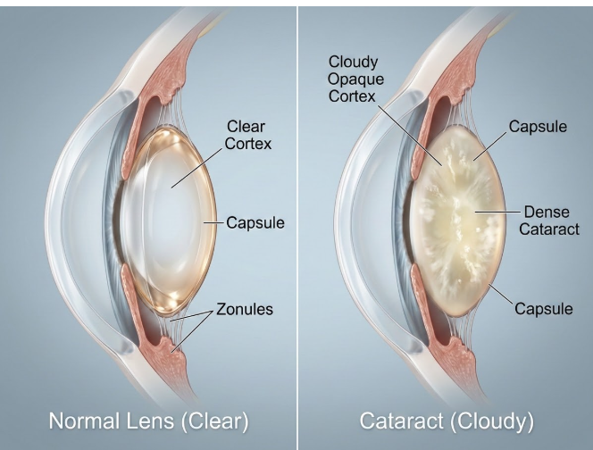 10 Early Signs of Cataract You Should Not Ignore “Cloudy eye lens showing cataract development compared with a clear natural lens”