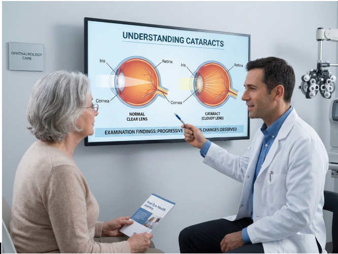10 Early Signs of Cataract You Should Not Ignore “Eye specialist discussing cataract symptoms and examination results with a patient”