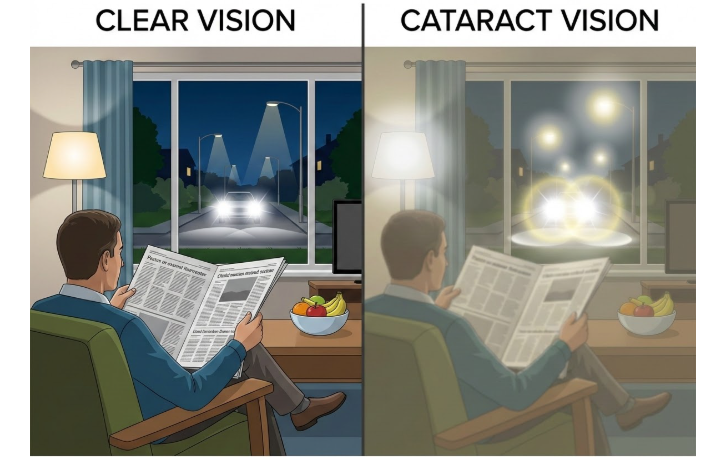 When Is Cataract Surgery Needed? A Complete Guide Blurry vision caused by cataract compared with clear vision