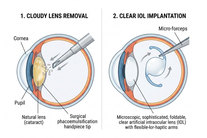 When Is Cataract Surgery Needed? A Complete Guide Cataract operation showing cloudy lens removal and intraocular lens placement .