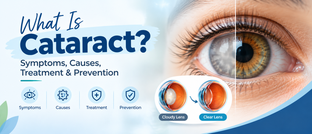 What Is Cataract? Symptoms, Causes, Treatment & Prevention Cataract overview showing a cloudy eye lens, clear lens comparison, and key information about cataract symptoms, causes, treatment and prevention.