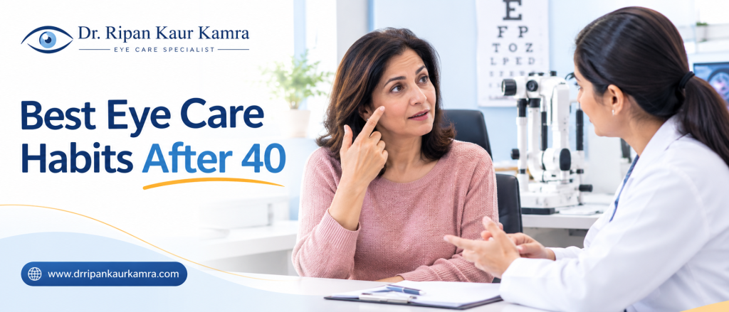 Best Eye Care Habits After 40 Adult over 40 discussing eye health with an ophthalmologist during an eye examination