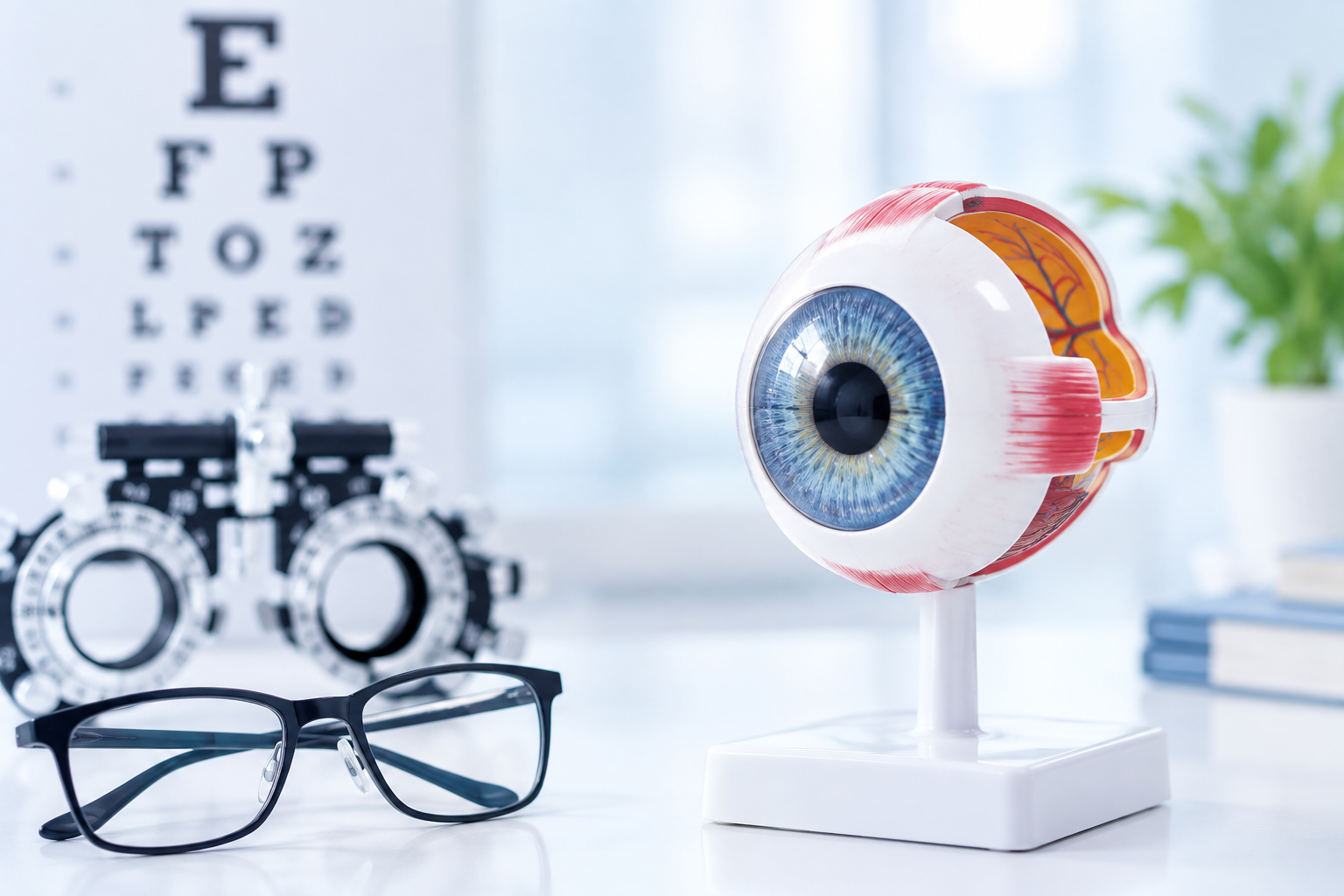 Modern eye care setup with anatomical eye model, glasses and ophthalmic equipment