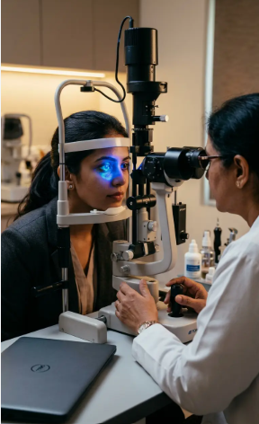 What to Expect Before, During & After LASIK Surgery Ophthalmologist examining a patient with screen-related dry eye symptoms