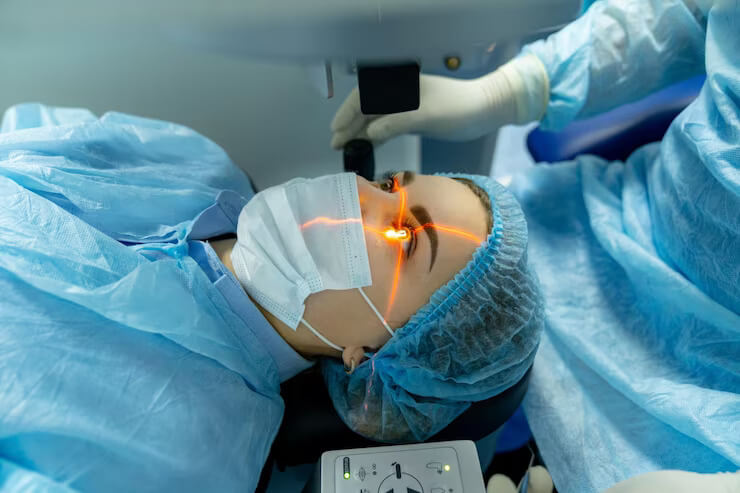LASIK Eye Surgery: Benefits, Risks & Recovery Laser eye surgery during a LASIK procedure