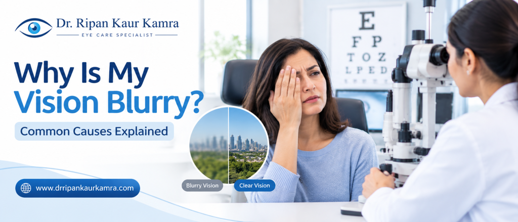 Why Is My Vision Blurry? Common Causes Explained Ophthalmologist examining a patient with blurry vision
