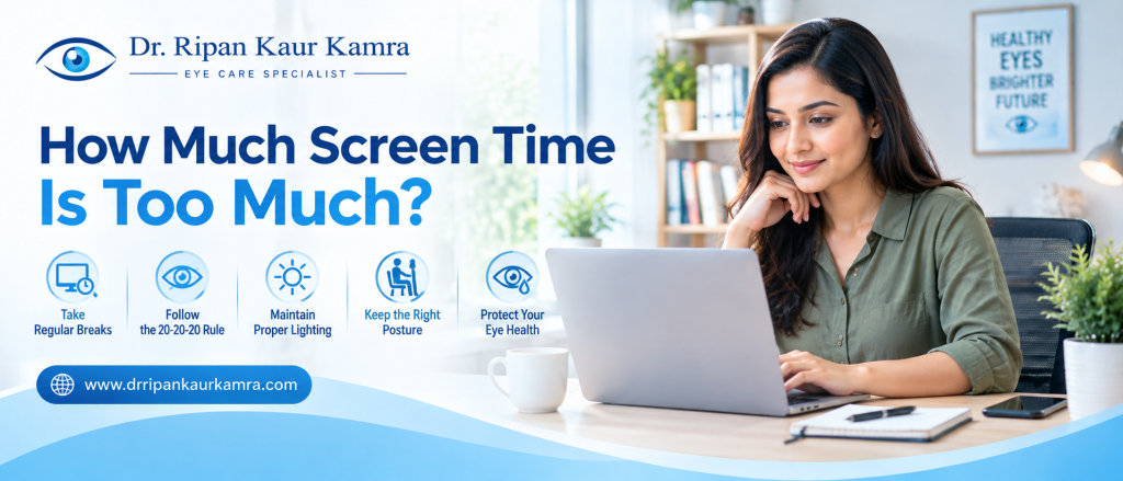 How Much Screen Time Is Too Much? Indian woman working on a laptop with eye-care tips to reduce digital eye strain and manage screen time.