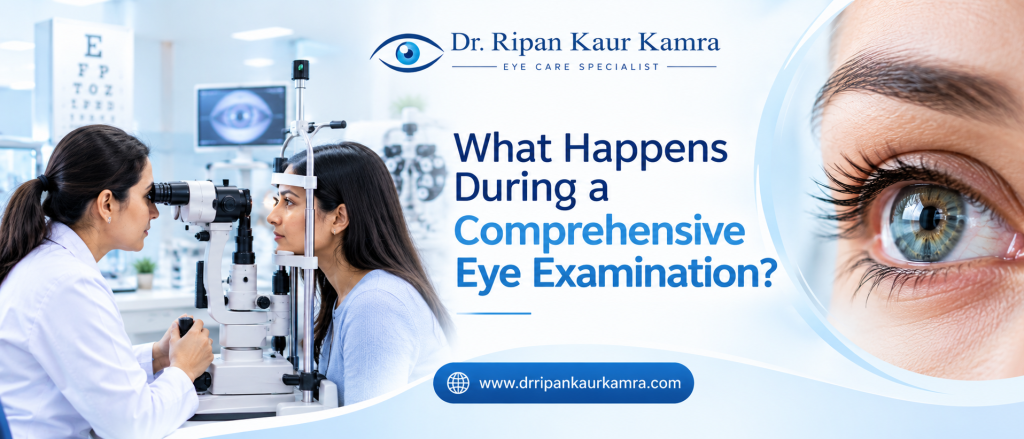 What Happens During a Comprehensive Eye Examination? Ophthalmologist performing a comprehensive eye examination using a slit-lamp machine in a modern eye clinic.