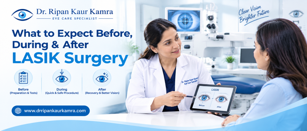 What to Expect Before, During & After LASIK Surgery Ophthalmologist explaining the LASIK surgery process to a patient in a modern eye clinic