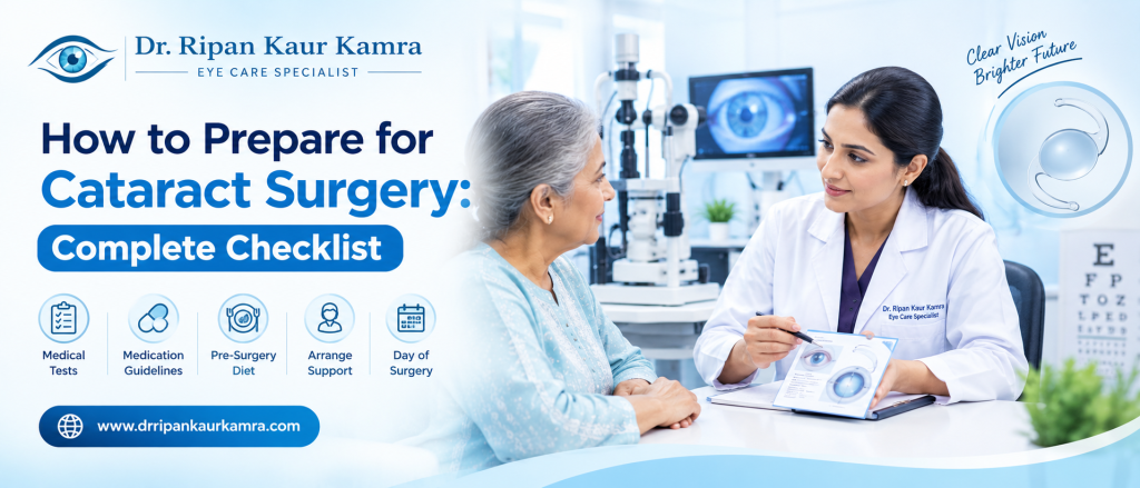 How to Prepare for Cataract Surgery: Complete Checklist Patient discussing cataract surgery preparation and checklist with an ophthalmologist in a modern eye clinic.