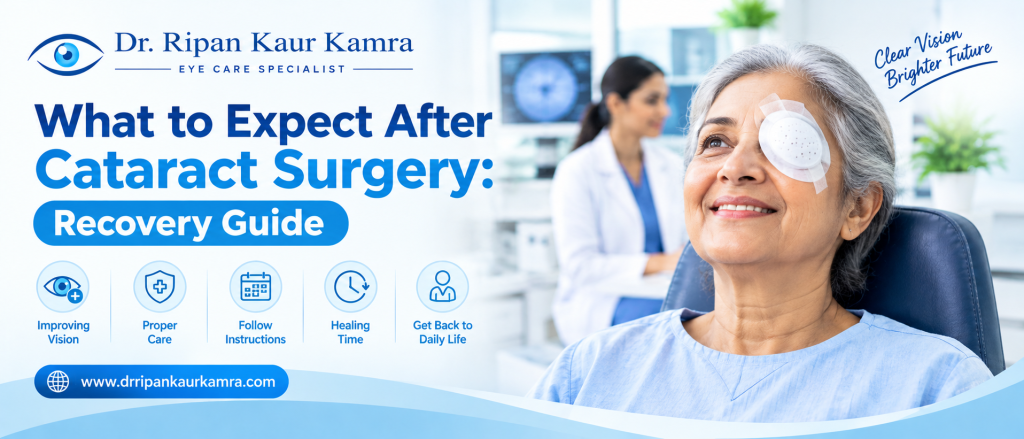 What to Expect After Cataract Surgery: Recovery Guide What to expect after cataract surgery recovery guide featuring Dr. Ripan Kaur Kamra and post-operative eye care information.