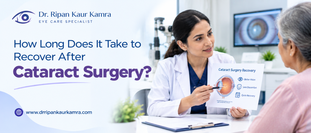 How Long Does It Take to Recover After Cataract Surgery? Ophthalmologist explaining cataract surgery recovery to an older patient in a modern eye clinic.