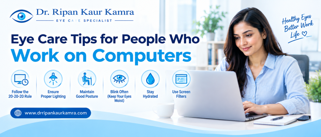 Eye Care Tips for People Who Work on Computers Eye care tips for people who work on computers, featuring the 20-20-20 rule, proper lighting, good posture, frequent blinking, and Dr. Ripan Kaur Kamra branding.