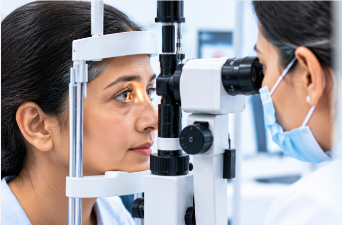 Corneal examination by an ophthalmologist showing a close-up view of the cornea and an illustration of corneal transplant treatment.