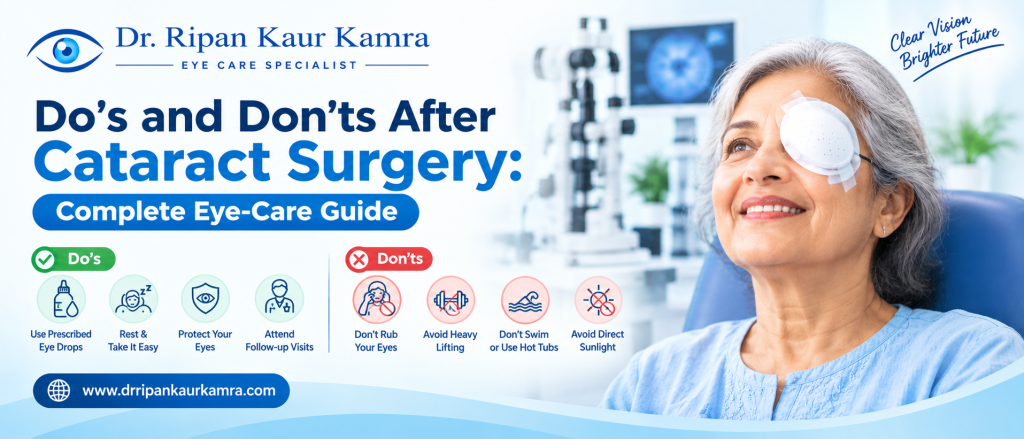 Do’s and Don’ts After Cataract Surgery: Complete Eye-Care Guide Do’s and don’ts after cataract surgery eye-care guide featuring Dr. Ripan Kaur Kamra and post-operative eye care tips.