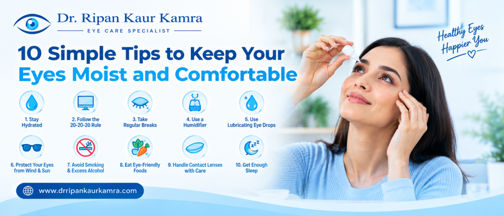 10 Simple Tips to Keep Your Eyes Moist and Comfortable 10 tips to keep eyes moist and comfortable infographic featuring hydration, screen breaks, lubricating eye drops, eye protection, and Dr. Ripan Kaur Kamra’s branding.