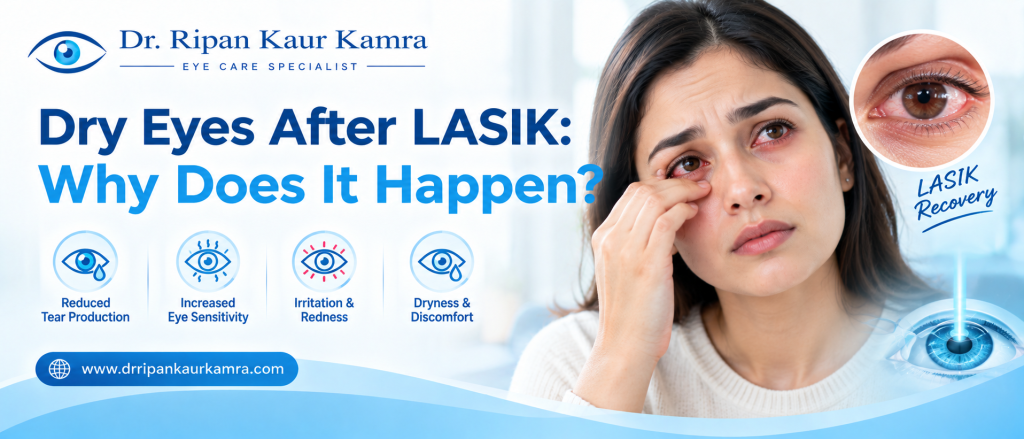 Dry Eyes After LASIK: Why Does It Happen? Dry eyes after LASIK infographic showing eye irritation, redness, reduced tear production, and Dr. Ripan Kaur Kamra’s eye care branding.