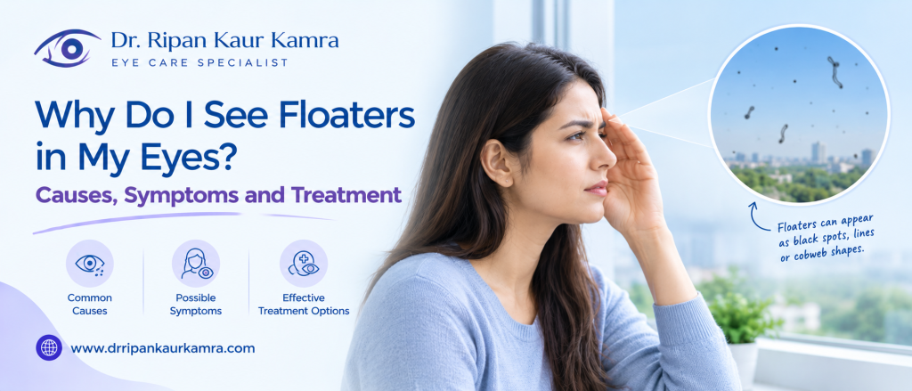 Why Do I See Floaters in My Eyes? Causes, Symptoms and Treatment Woman experiencing eye floaters, illustrated as black spots, floating lines, and cobweb-like shapes in her field of vision.