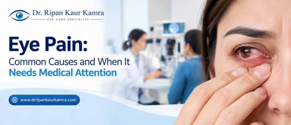 Eye Pain: Common Causes and When It Needs Medical Attention Eye pain and discomfort being evaluated by an ophthalmologist
