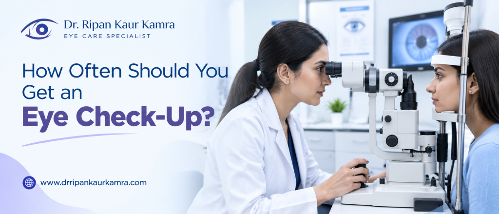 How Often Should You Get an Eye Check-Up? Ophthalmologist performing a routine eye check-up on a patient using a slit-lamp examination device in a modern eye clinic.