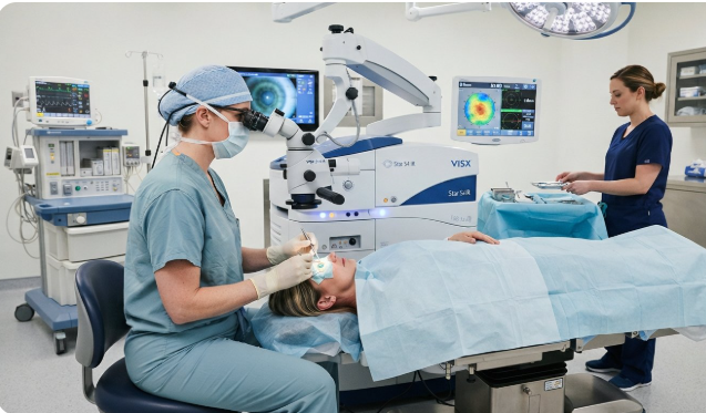 What to Expect Before, During & After LASIK Surgery Ophthalmologist performing LASIK laser eye surgery