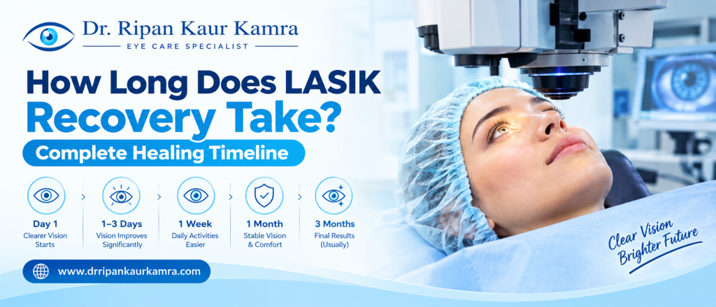 How Long Does LASIK Recovery Take? Complete Healing Timeline LASIK recovery timeline infographic showing healing stages after laser vision correction by Dr. Ripan Kaur Kamra.