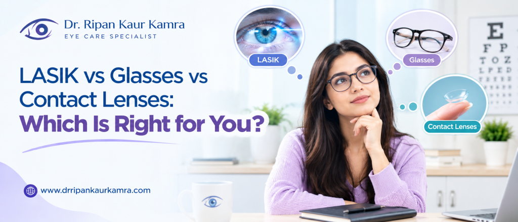 LASIK vs Glasses vs Contact Lenses: Which Is Right for You? Woman wearing prescription glasses while comparing LASIK surgery, glasses, and contact lenses for vision correction.