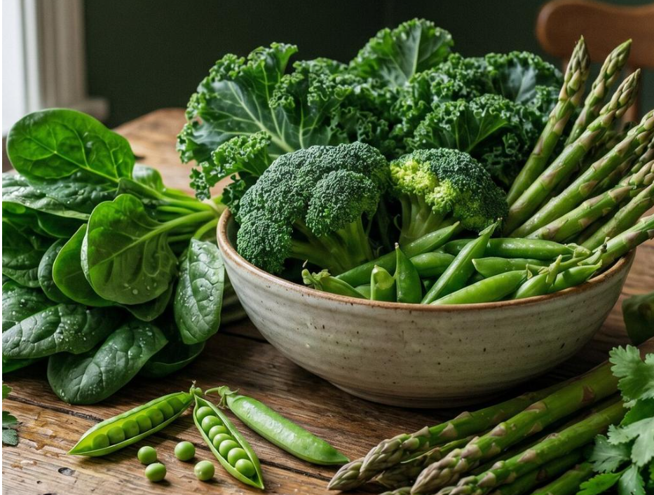 Leafy green vegetables that provide lutein and zeaxanthin for a balanced diet