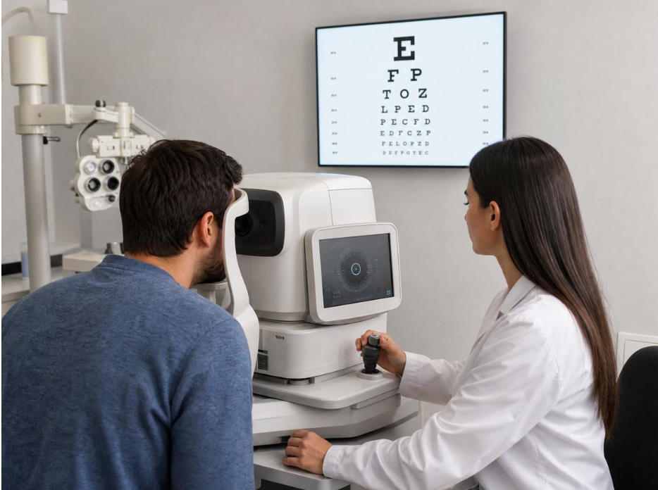 How Often Should You Get an Eye Check-Up? Patient reading a vision chart during an eye test