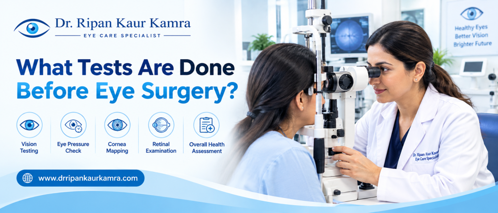 What Tests Are Done Before Eye Surgery? Ophthalmologist examining a patient's eyes with a slit-lamp machine before eye surgery in a modern clinic.