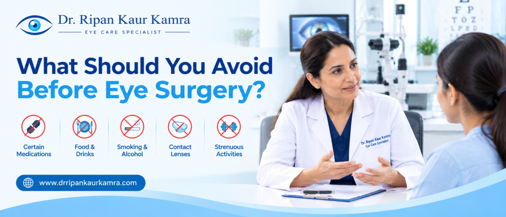 What Should You Avoid Before Eye Surgery? Ophthalmologist explaining precautions to follow before eye surgery during a patient consultation in a modern eye clinic.