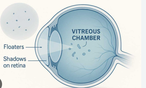 Why Do I See Floaters in My Eyes? Causes, Symptoms and Treatment Medical illustration showing vitreous changes associated with eye floaters.