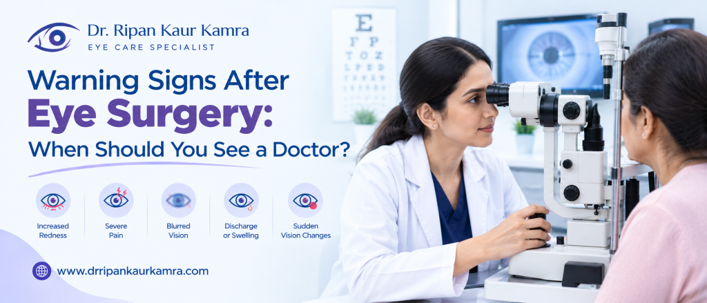 Warning Signs After Eye Surgery: When Should You See a Doctor? Ophthalmologist examining a patient after eye surgery, highlighting warning signs such as redness, severe pain, blurred vision, discharge, and sudden vision changes.