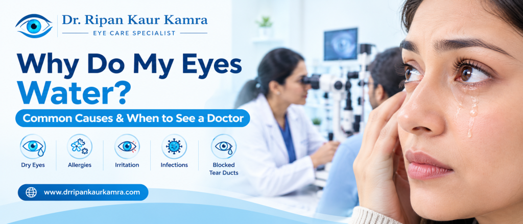 Why Do My Eyes Water? Common Causes & When to See a Doctor Woman experiencing watery eyes with an ophthalmologist examining a patient in a modern eye clinic in the background.